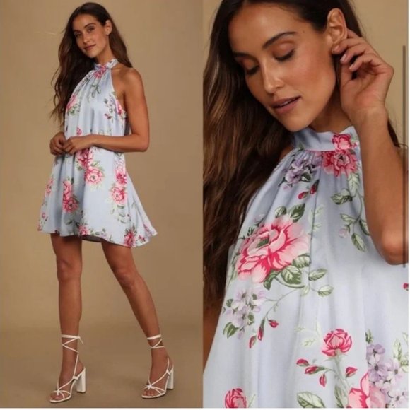Lulus Get A Bloom Floral Satin Halter Mini Dress - Picture 1 of 8